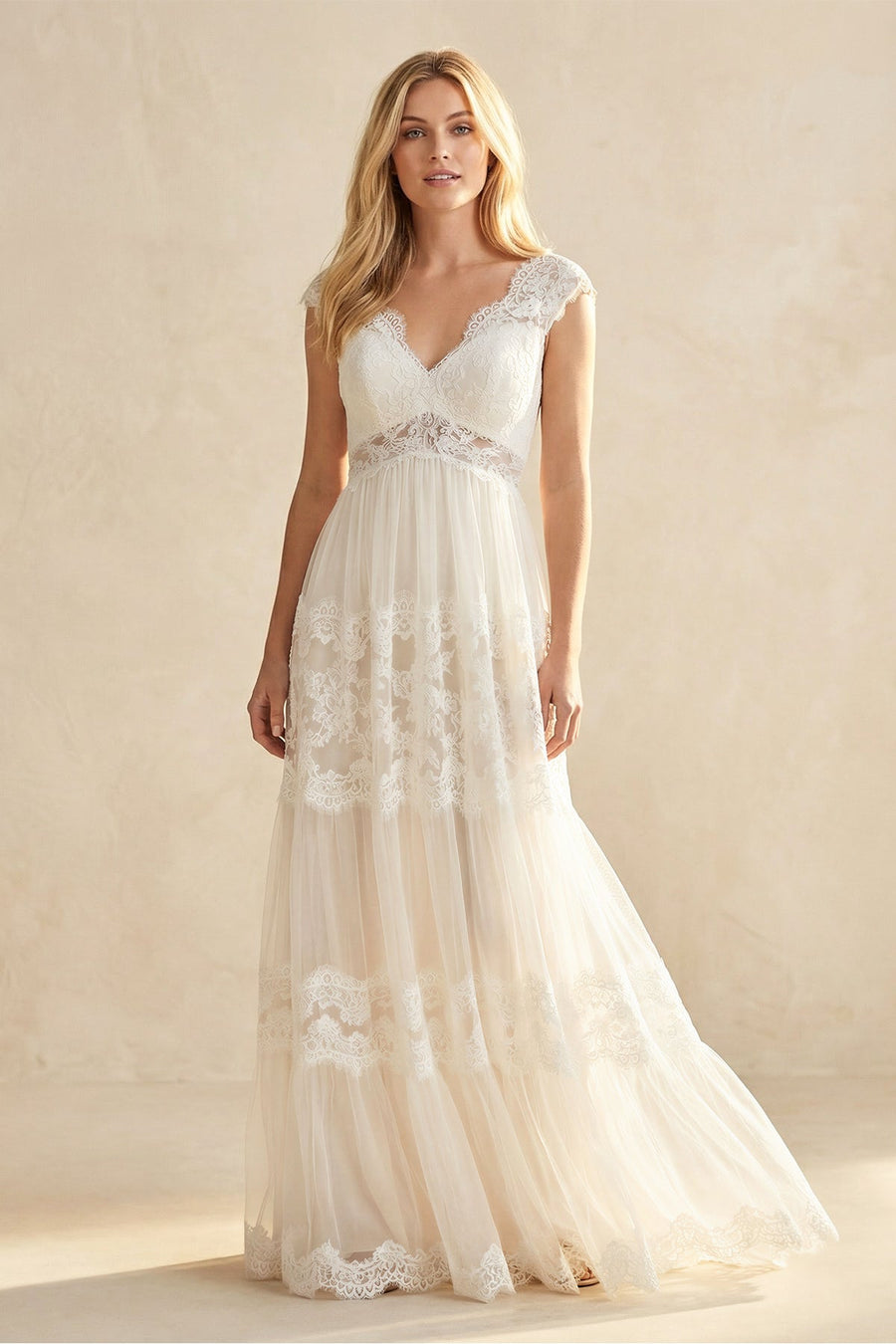 V-Neck Long Cap-Sleeve Appliqued Lace Tulle Wedding Dress