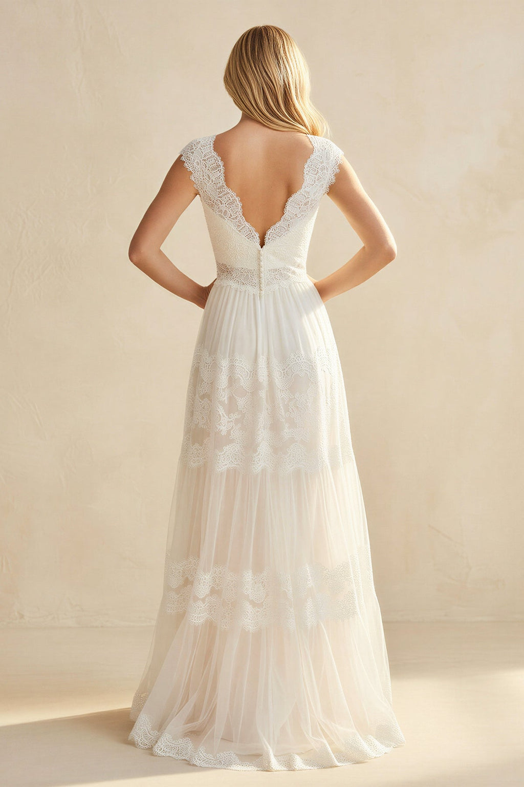 V-Neck Long Cap-Sleeve Appliqued Lace Tulle Wedding Dress - Curvevia