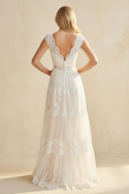 V-Neck Long Cap-Sleeve Appliqued Lace Tulle Wedding Dress - Curvevia