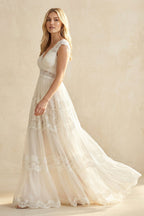 V-Neck Long Cap-Sleeve Appliqued Lace Tulle Wedding Dress - Curvevia