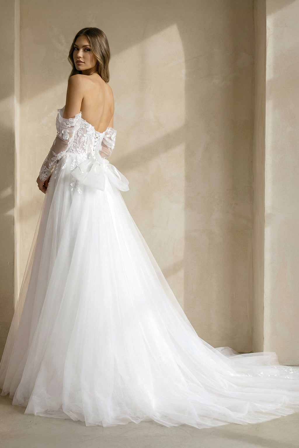 A Line Tulle Wedding Dress With Appliques in White - Curvevia