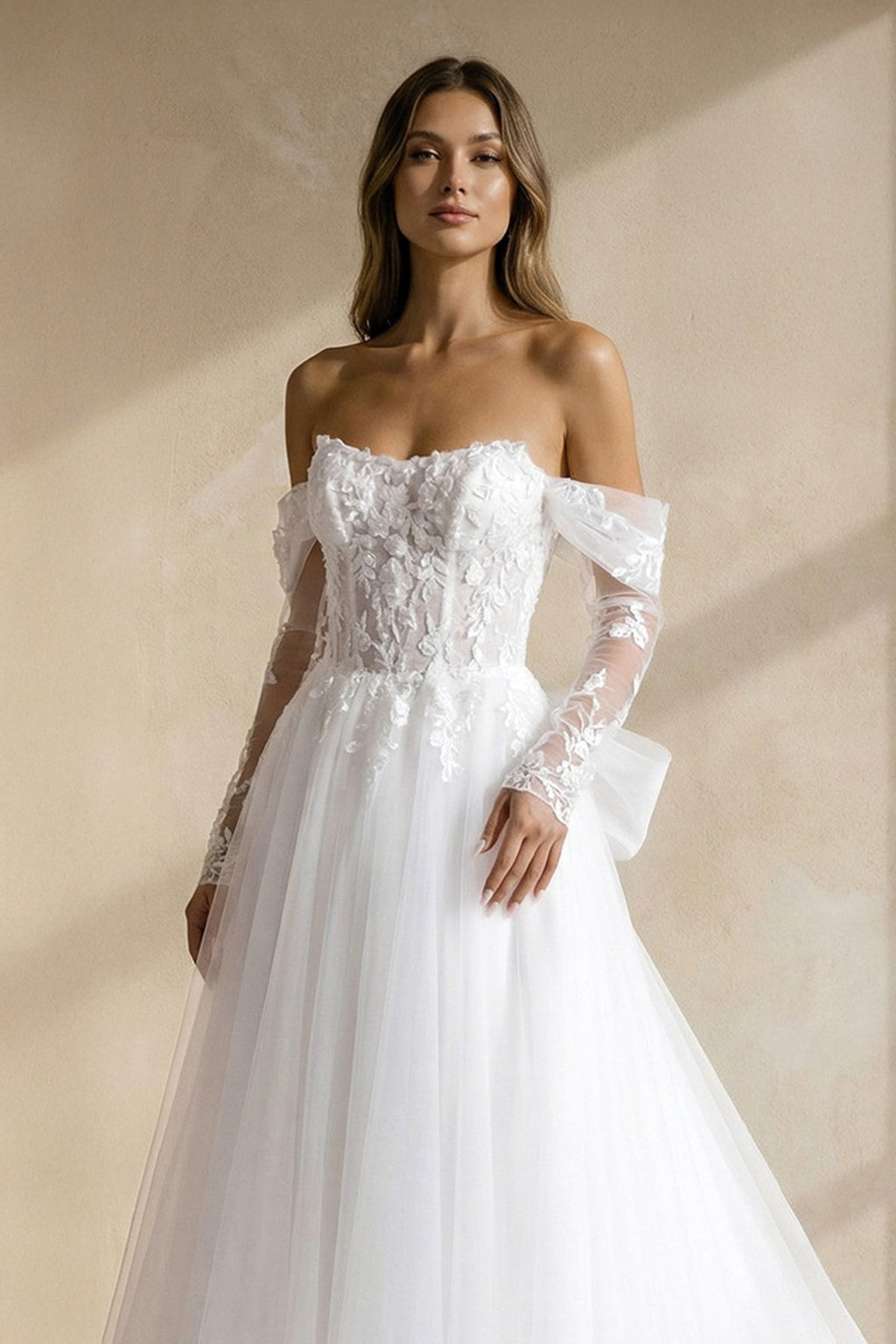 A Line Tulle Wedding Dress With Appliques in White - Curvevia