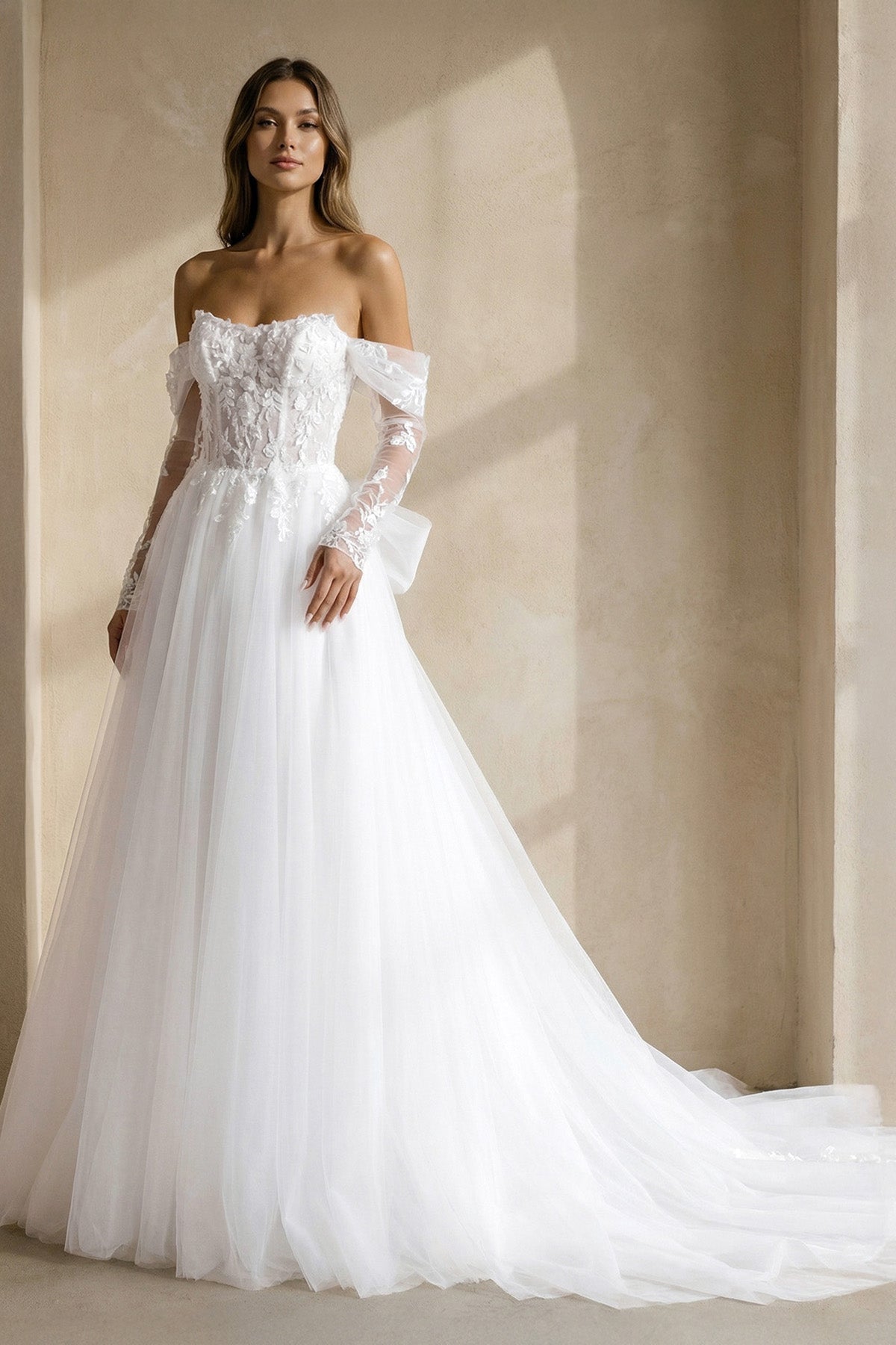 A Line Tulle Wedding Dress With Appliques in White - Curvevia