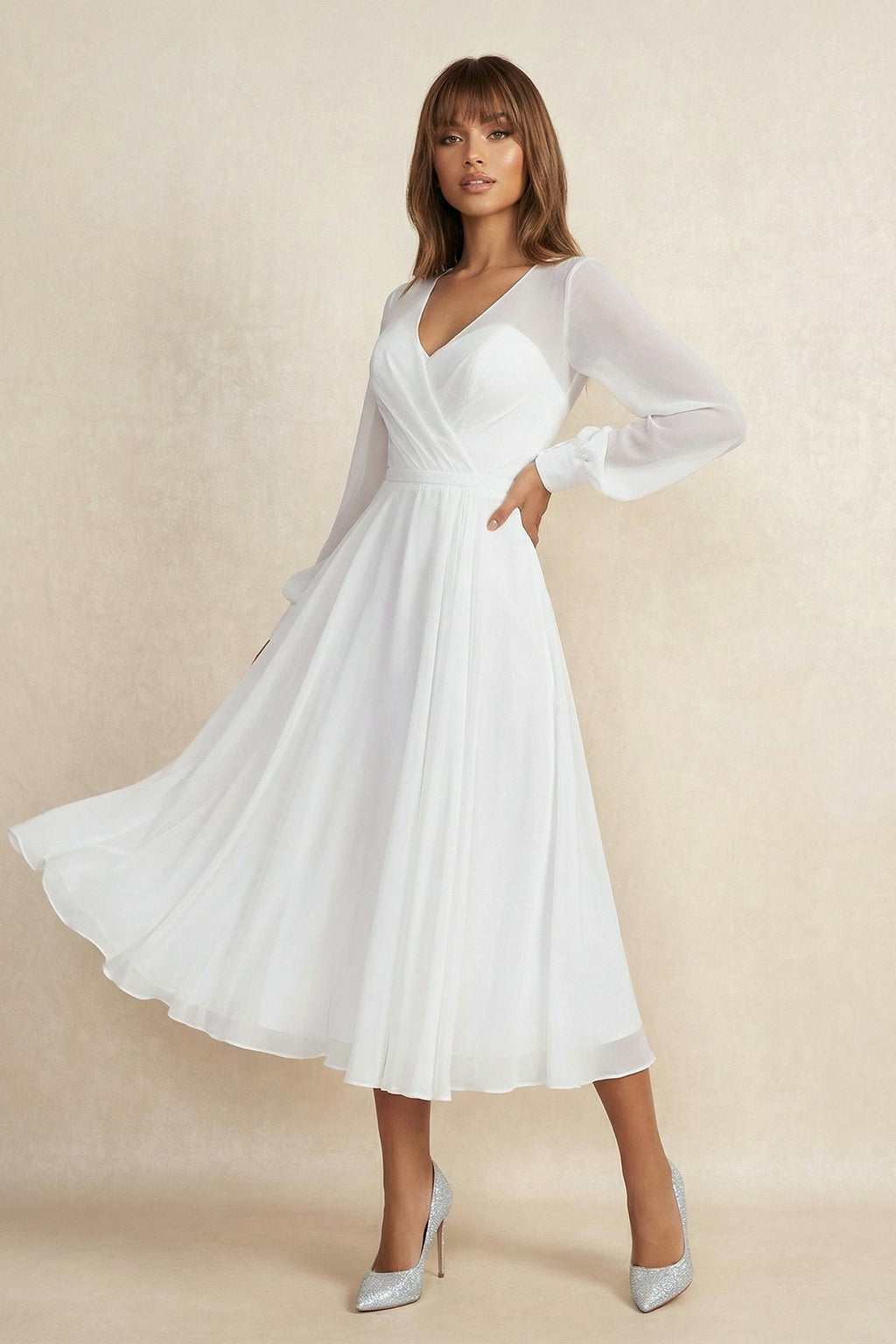 A-Line V-neck Chiffon Long Sleeves Zipper Wedding Dress - Curvevia