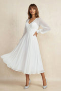 A-Line V-neck Chiffon Long Sleeves Zipper Wedding Dress - Curvevia