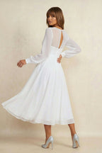 A-Line V-neck Chiffon Long Sleeves Zipper Wedding Dress - Curvevia