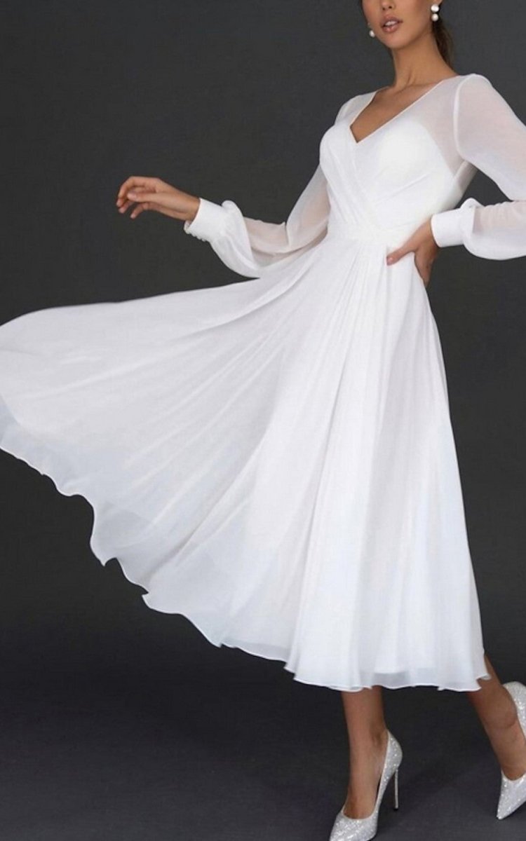 A-Line V-neck Chiffon Long Sleeves Zipper Wedding Dress - Curvevia