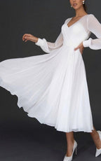 A-Line V-neck Chiffon Long Sleeves Zipper Wedding Dress - Curvevia