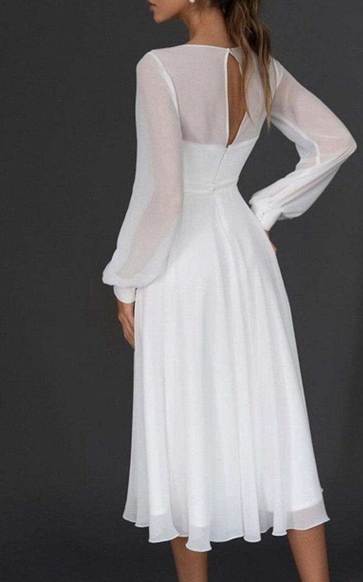 A-Line V-neck Chiffon Long Sleeves Zipper Wedding Dress - Curvevia