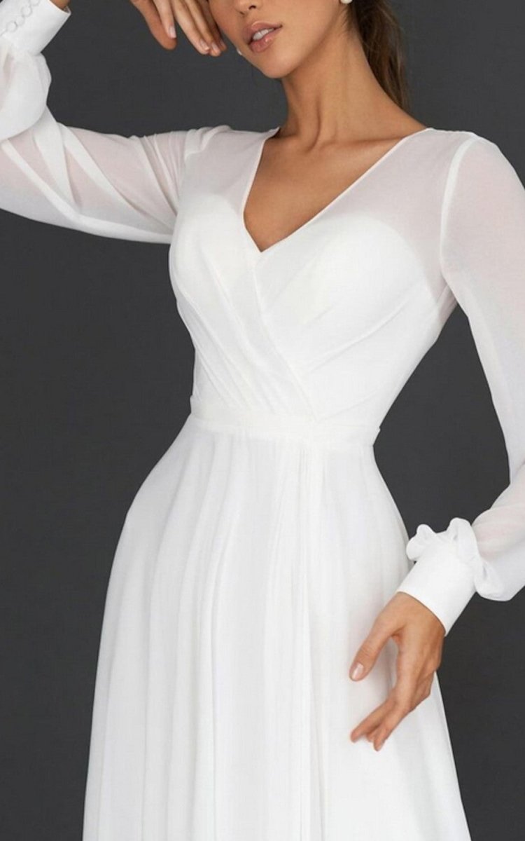 A-Line V-neck Chiffon Long Sleeves Zipper Wedding Dress - Curvevia