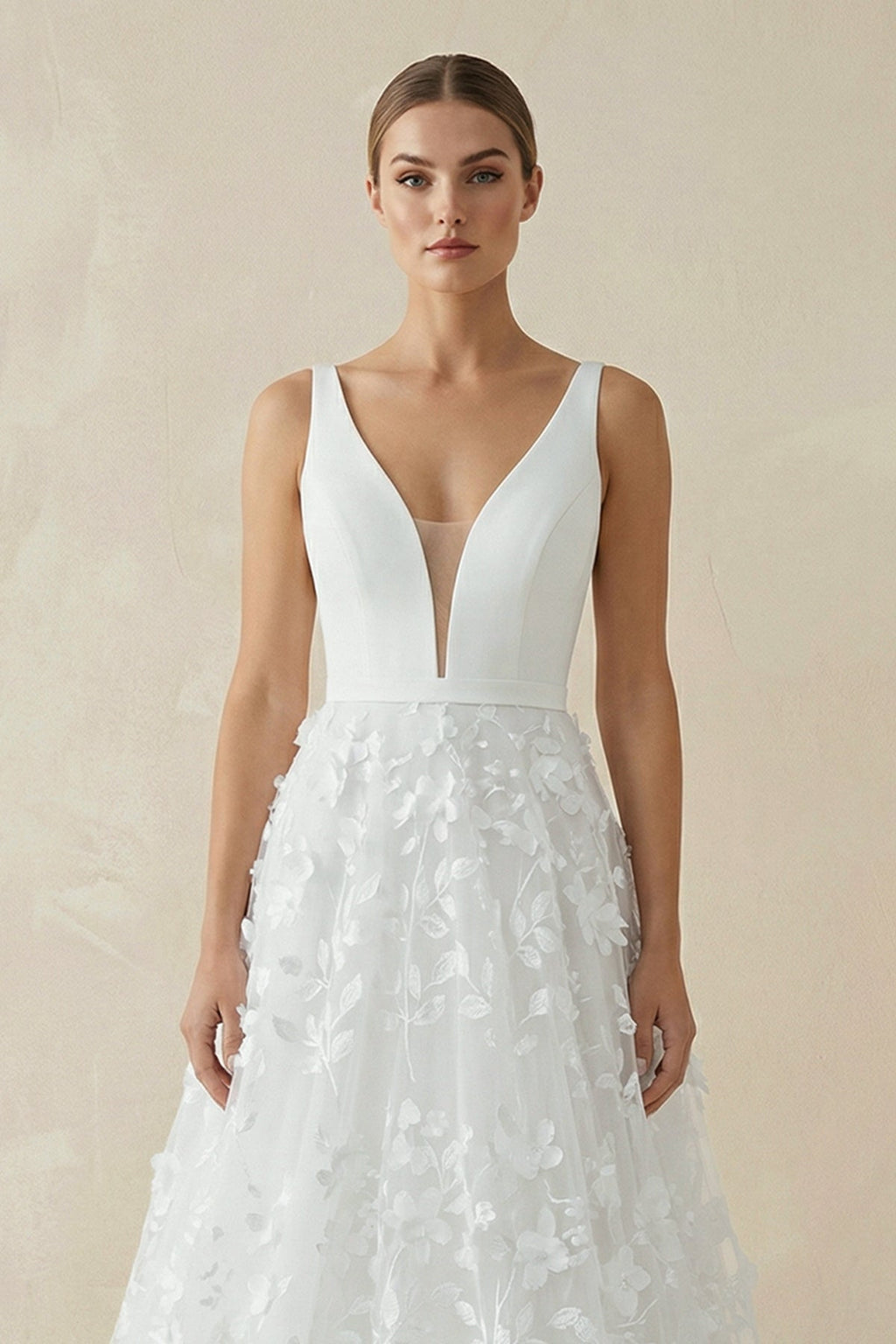 A Line V-Neck Tulle Lace Wedding Dresses - Curvevia