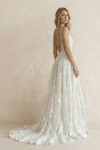 White Boho A-Line Lace Wedding Dress with Appliques - Curvevia