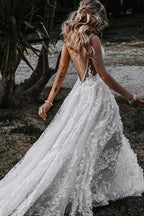 White Boho A-Line Lace Wedding Dress with Appliques - Curvevia