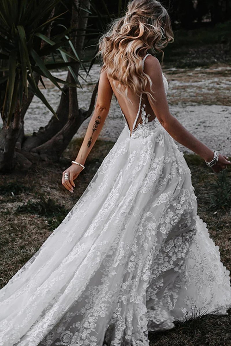 White Boho A-Line Lace Wedding Dress with Appliques - Curvevia