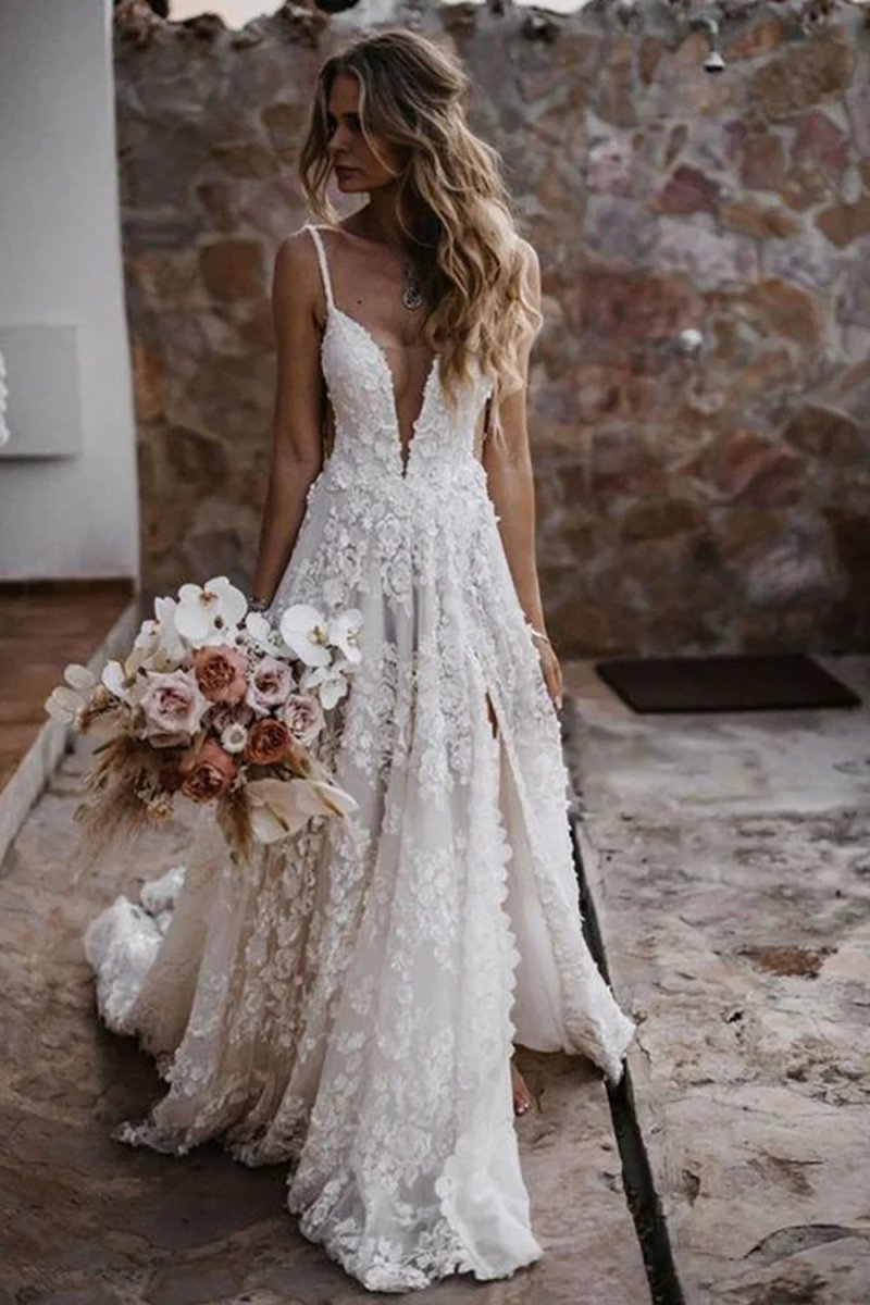 White Boho A-Line Lace Wedding Dress with Appliques - Curvevia