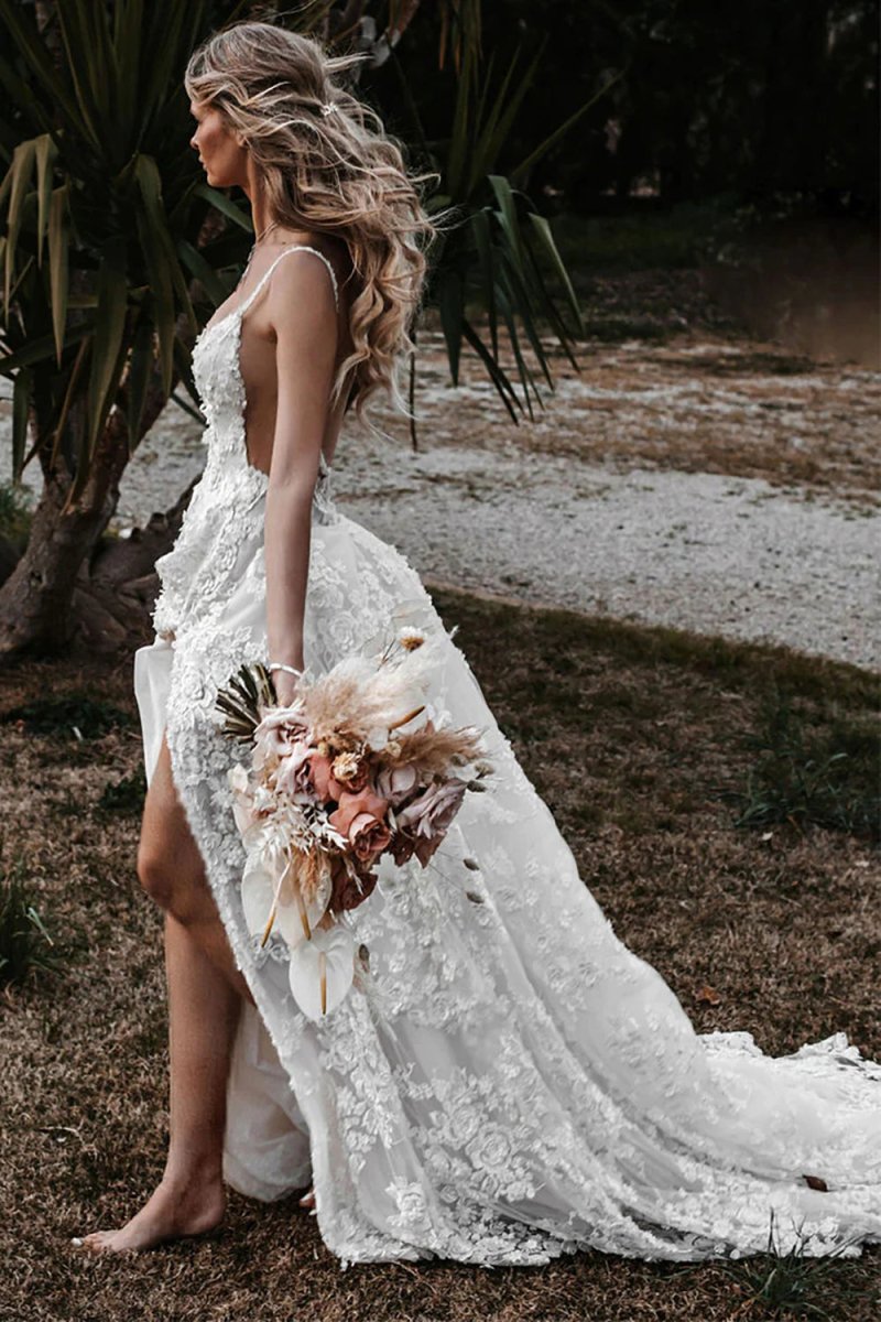 White Boho A-Line Lace Wedding Dress with Appliques - Curvevia