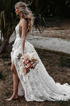 White Boho A-Line Lace Wedding Dress with Appliques - Curvevia
