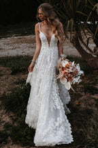 White Boho A-Line Lace Wedding Dress with Appliques - Curvevia