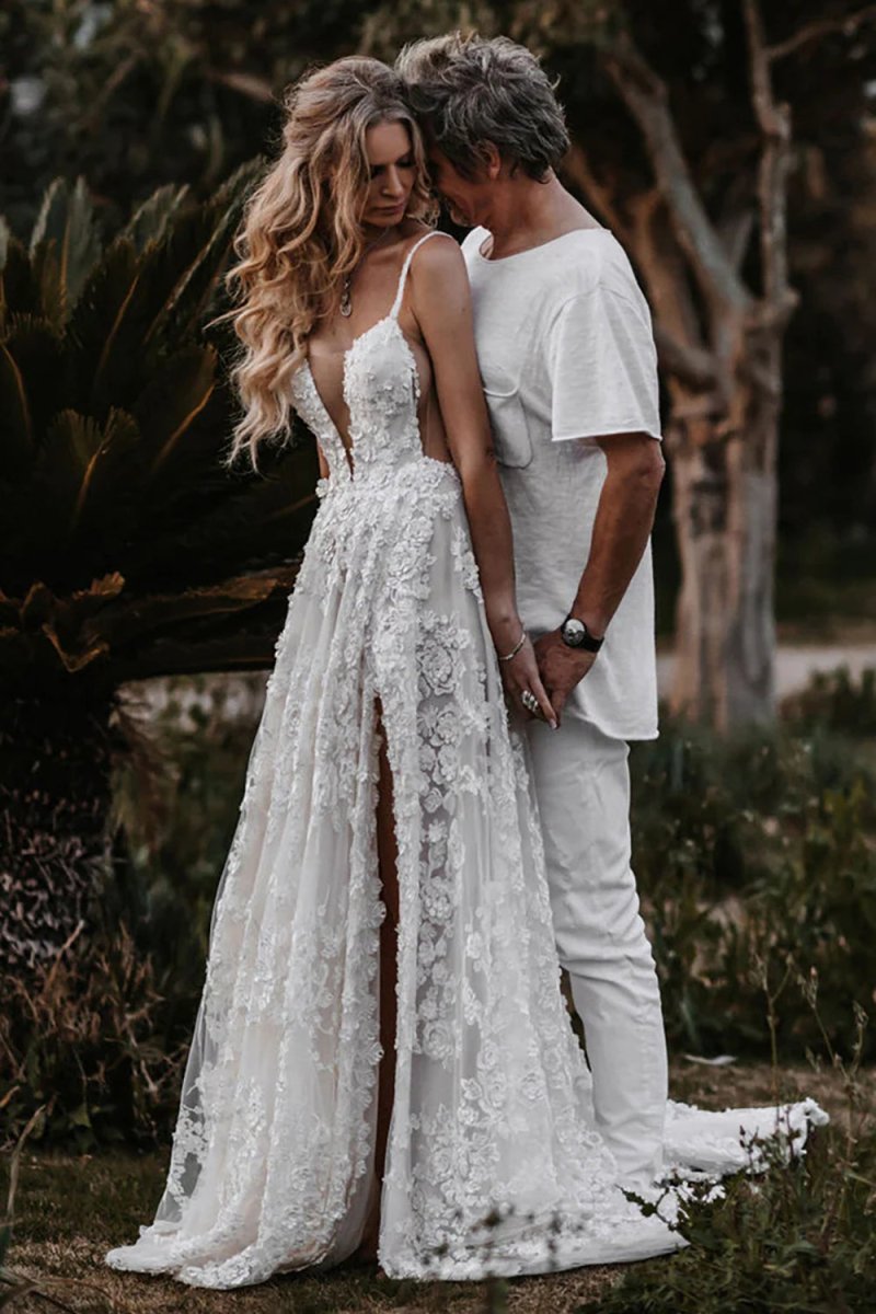 White Boho A-Line Lace Wedding Dress with Appliques - Curvevia