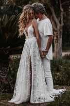 White Boho A-Line Lace Wedding Dress with Appliques - Curvevia