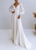 A-Line V-Neck Long Sleeves Chiffon Wedding Dresses With Beading - Curvevia