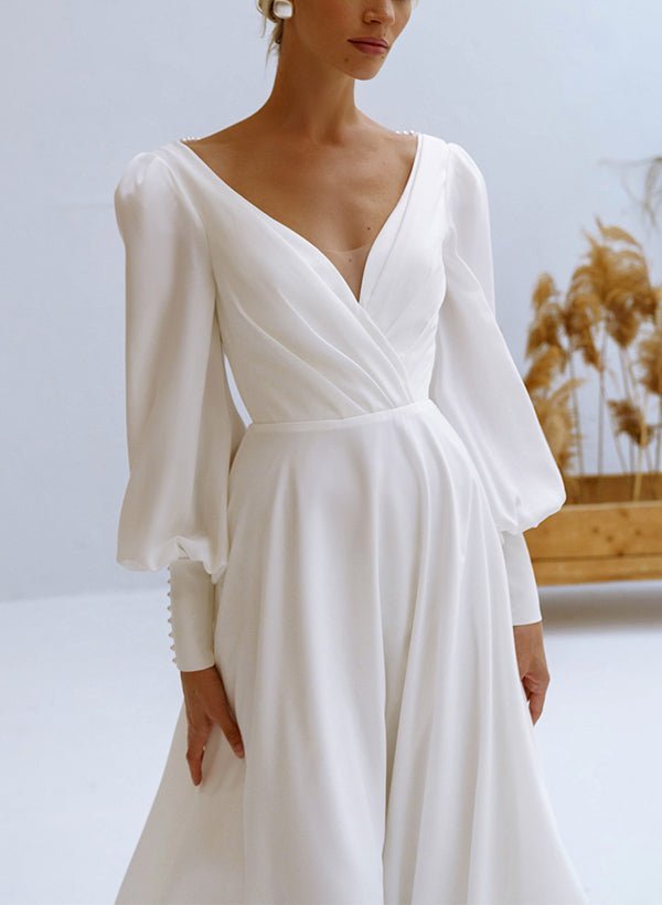 A-Line V-Neck Long Sleeves Chiffon Wedding Dresses With Beading - Curvevia