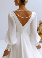 A-Line V-Neck Long Sleeves Chiffon Wedding Dresses With Beading - Curvevia