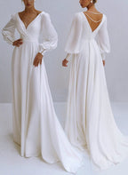 A-Line V-Neck Long Sleeves Chiffon Wedding Dresses With Beading - Curvevia