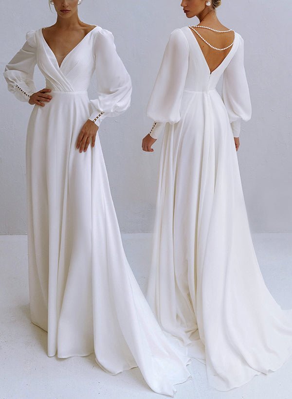A-Line V-Neck Long Sleeves Chiffon Wedding Dresses With Beading - Curvevia