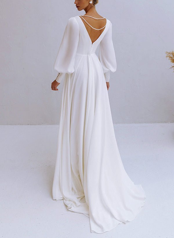 A-Line V-Neck Long Sleeves Chiffon Wedding Dresses With Beading - Curvevia