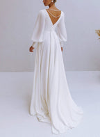 A-Line V-Neck Long Sleeves Chiffon Wedding Dresses With Beading - Curvevia