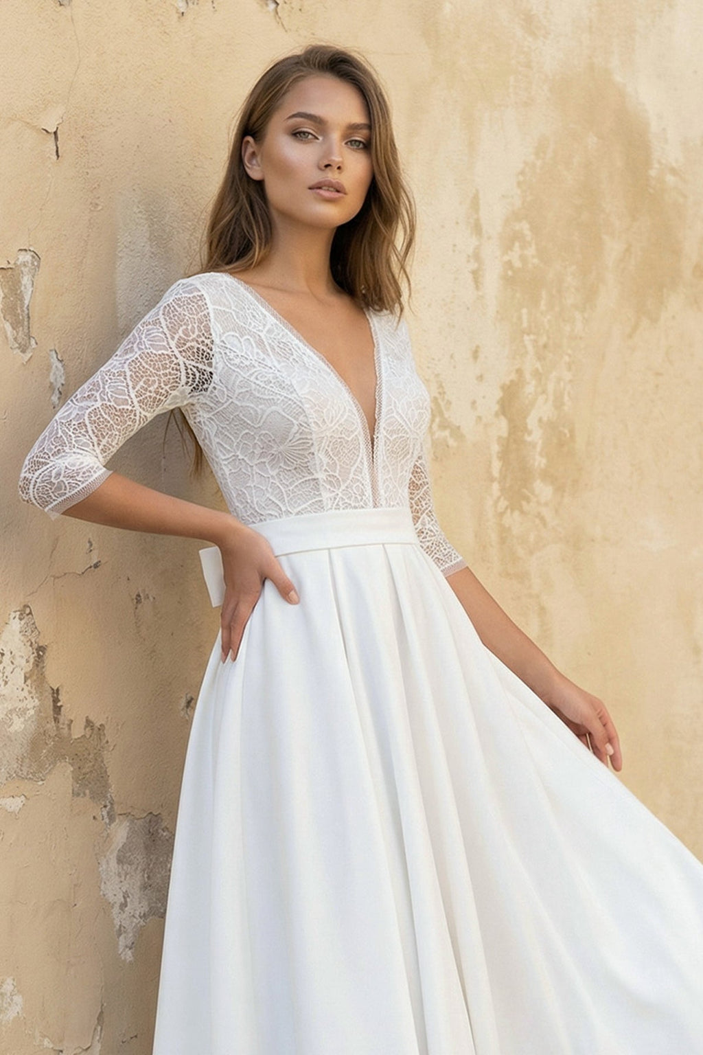 Satin V-neck A Line Tea-length Wedding Dress with Ruching and Sash - Curvevia