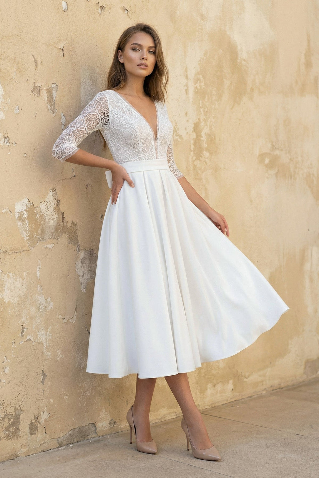 Satin V-neck A Line Tea-length Wedding Dress with Ruching and Sash - Curvevia