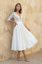 Satin V-neck A Line Tea-length Wedding Dress with Ruching and Sash - Curvevia