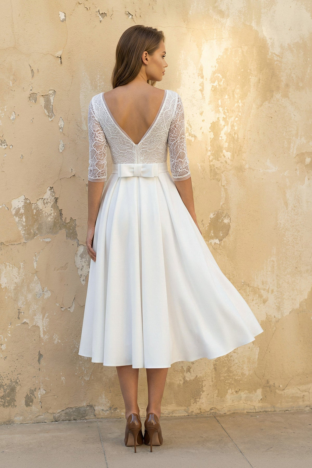 Satin V-neck A Line Tea-length Wedding Dress with Ruching and Sash - Curvevia