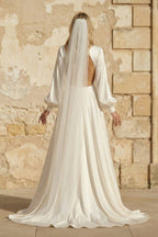 A-Line Long Sleeves Satin Wedding Dresses with V Neck - Curvevia