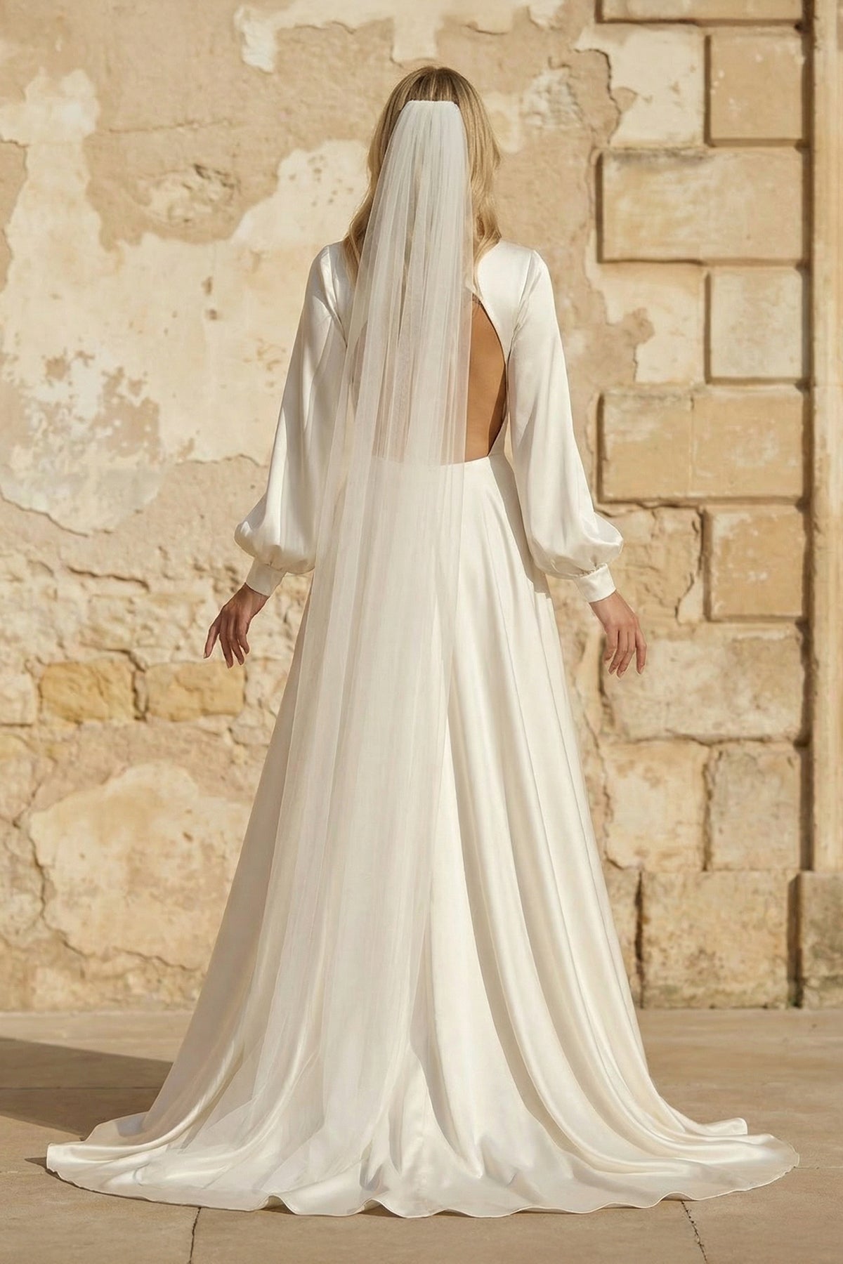 A-Line Long Sleeves Satin Wedding Dresses with V Neck - Curvevia
