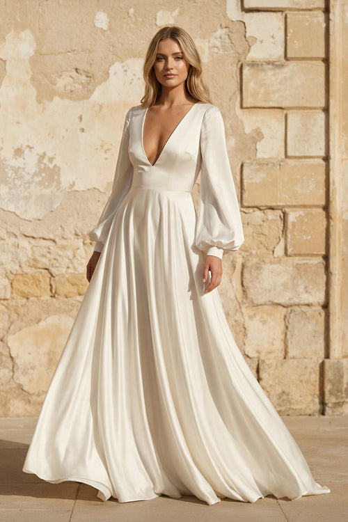 A-Line Long Sleeves Satin Wedding Dresses with V Neck - Curvevia