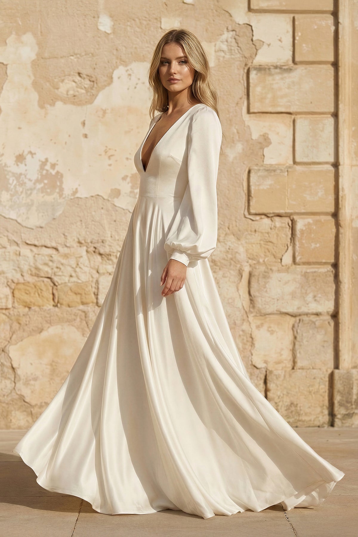 A-Line Long Sleeves Satin Wedding Dresses with V Neck - Curvevia