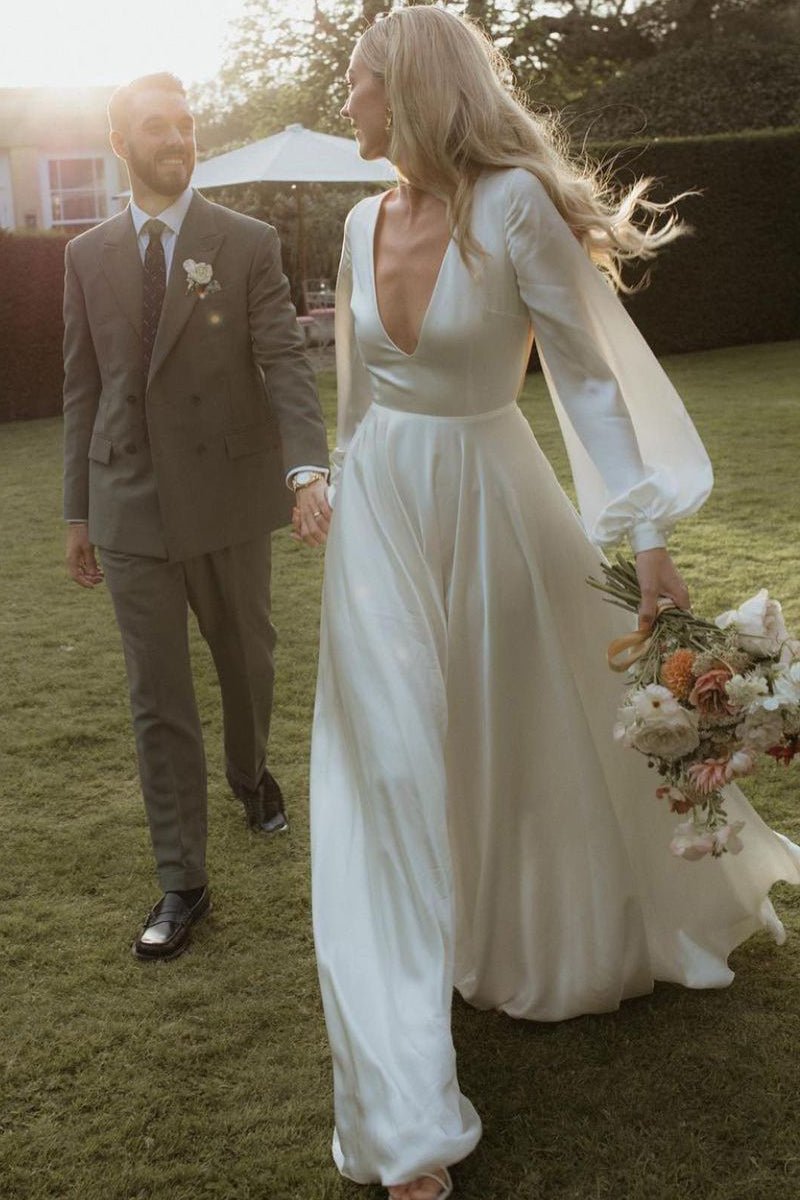 A-Line Long Sleeves Satin Wedding Dresses with V Neck - Curvevia