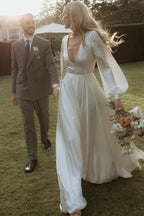 A-Line Long Sleeves Satin Wedding Dresses with V Neck - Curvevia