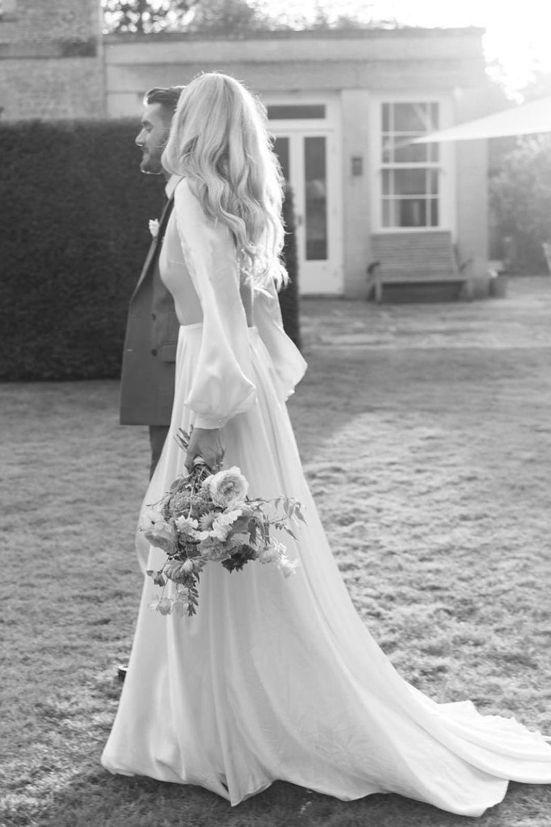 A-Line Long Sleeves Satin Wedding Dresses with V Neck - Curvevia