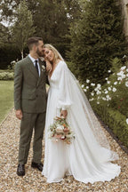 A-Line Long Sleeves Satin Wedding Dresses with V Neck - Curvevia