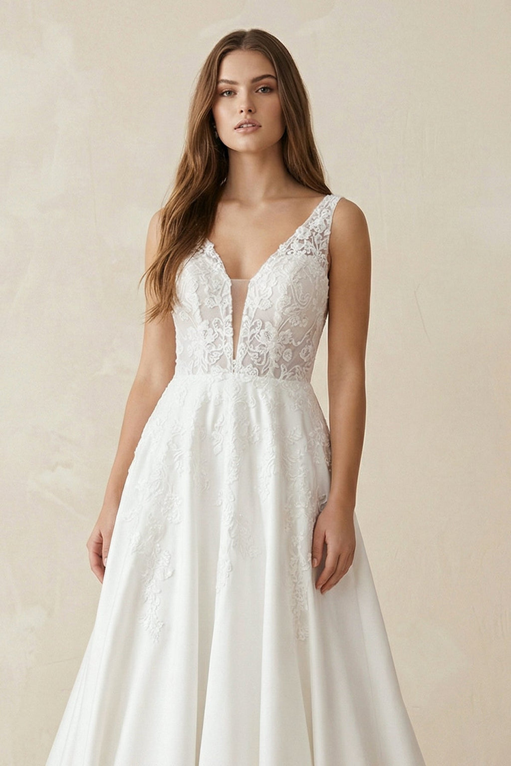 A Line V Neck Satin Wedding Dress With Appliques - Curvevia