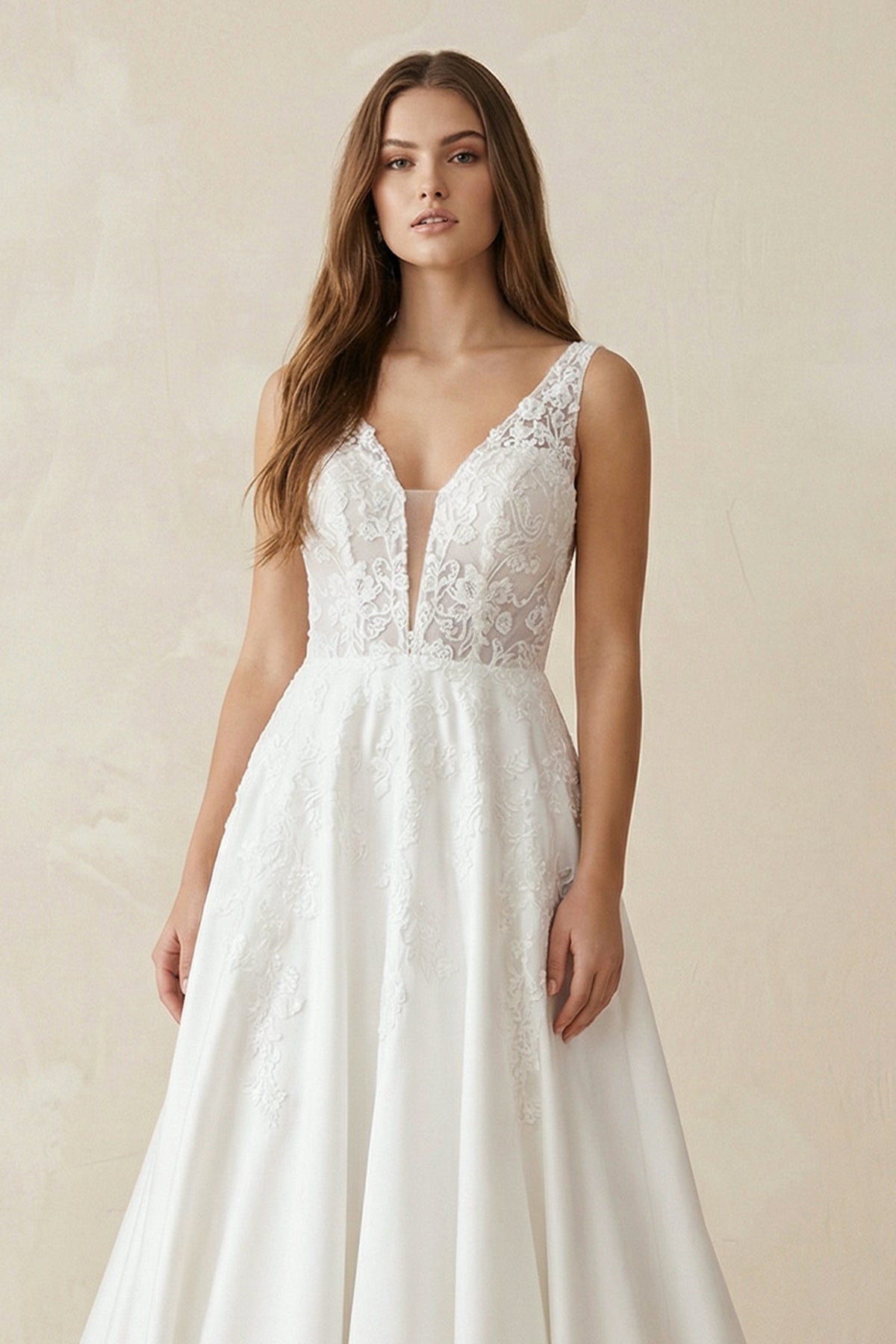A Line V Neck Satin Wedding Dress With Appliques - Curvevia