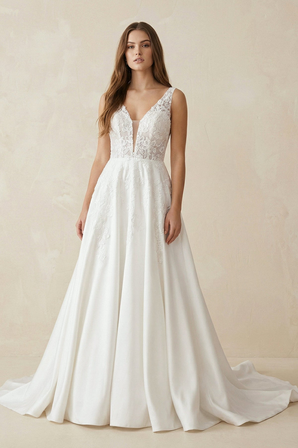 A Line V Neck Satin Wedding Dress With Appliques - Curvevia