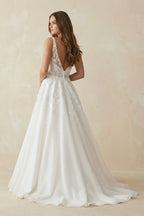 A Line V Neck Satin Wedding Dress With Appliques - Curvevia
