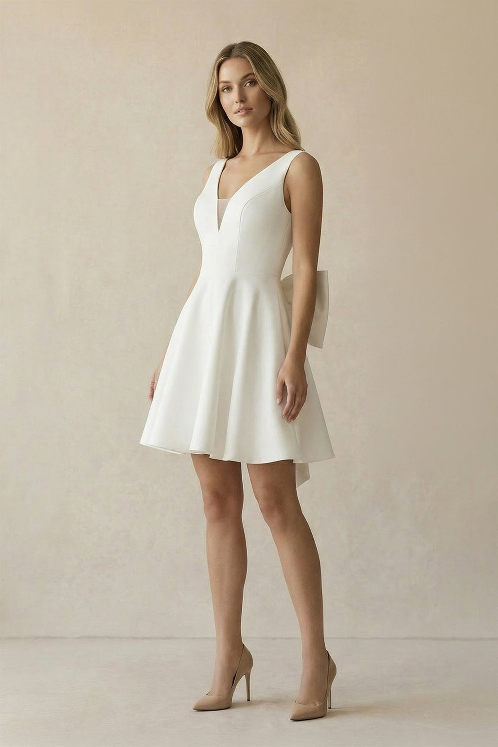 A-Line White Satin V-Neck Short Wedding Dress with Bow - Curvevia