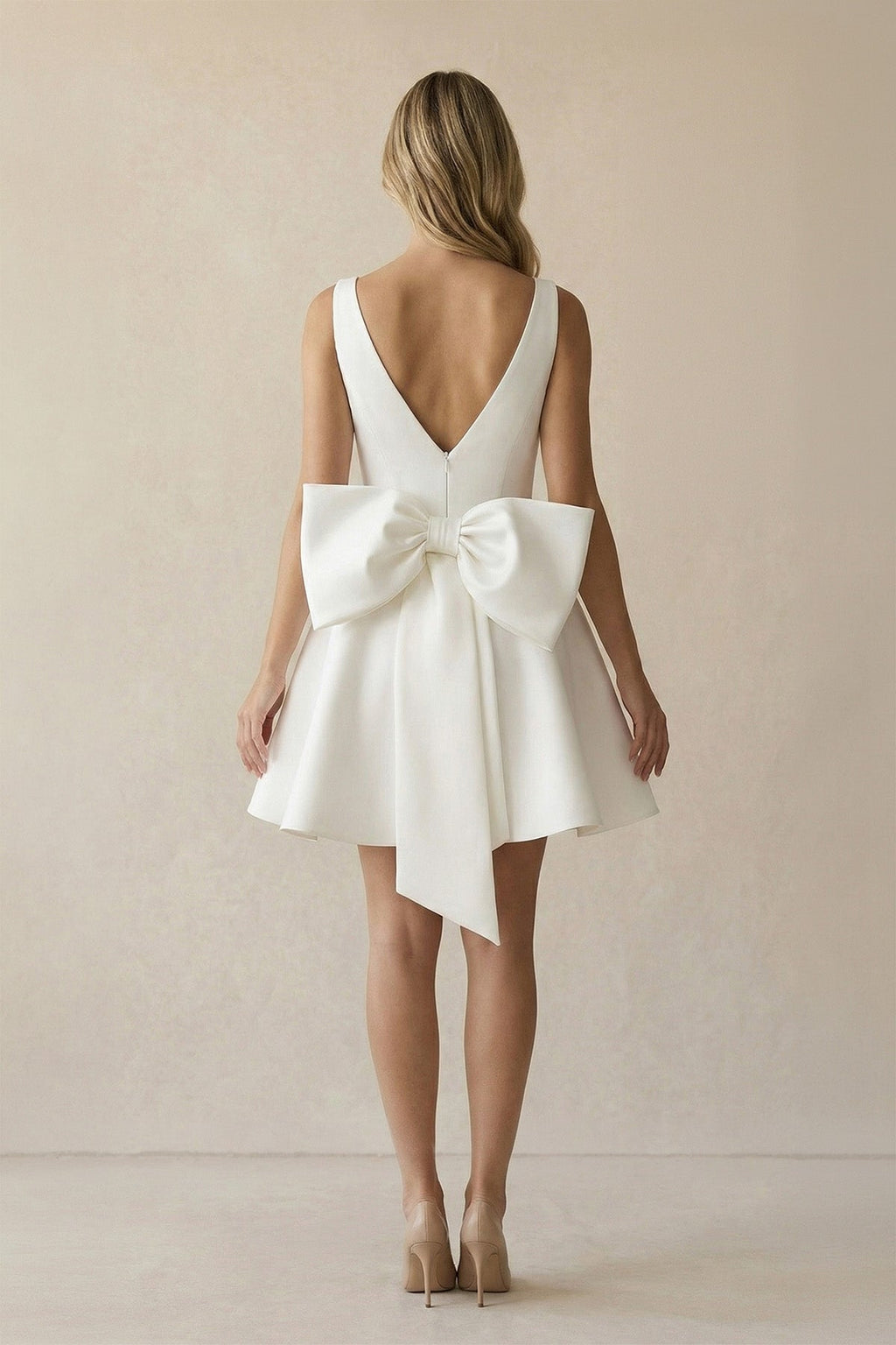 A-Line White Satin V-Neck Short Wedding Dress with Bow - Curvevia