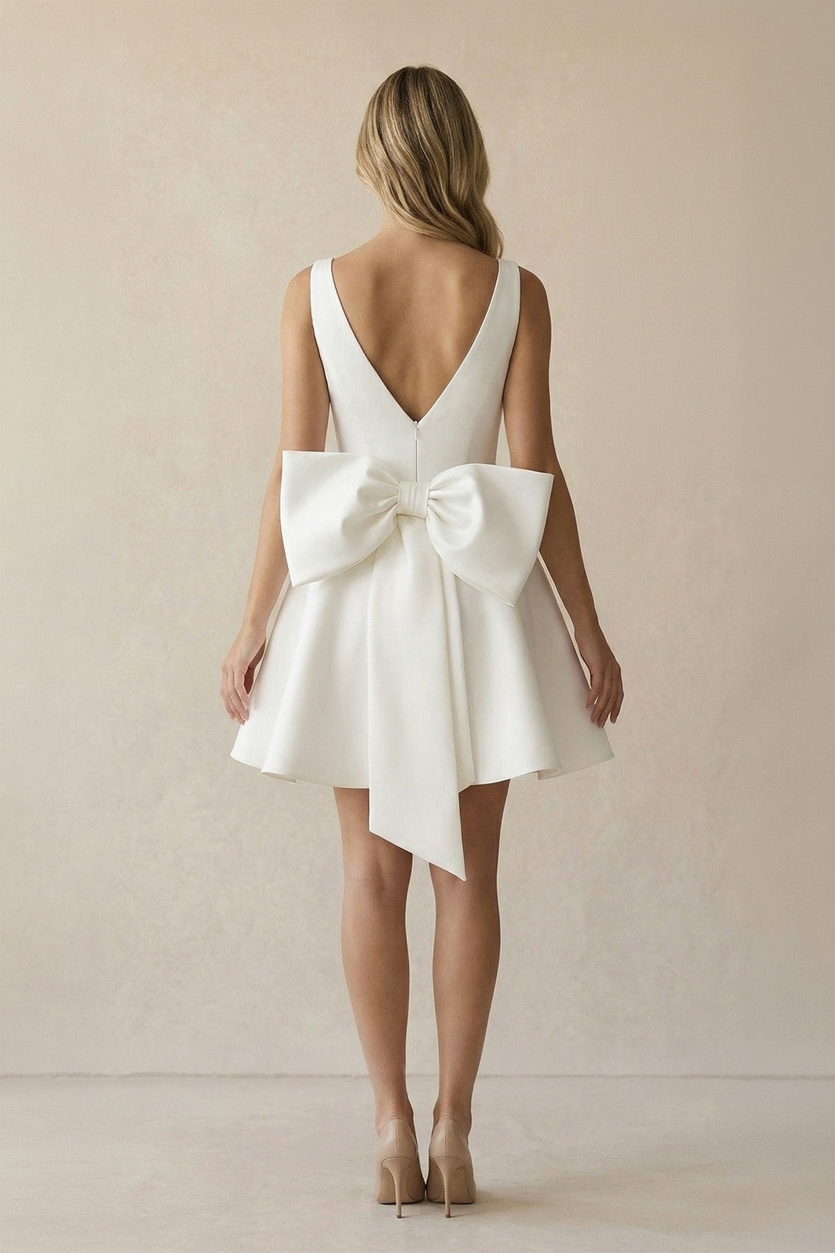A-Line White Satin V-Neck Short Wedding Dress with Bow - Curvevia